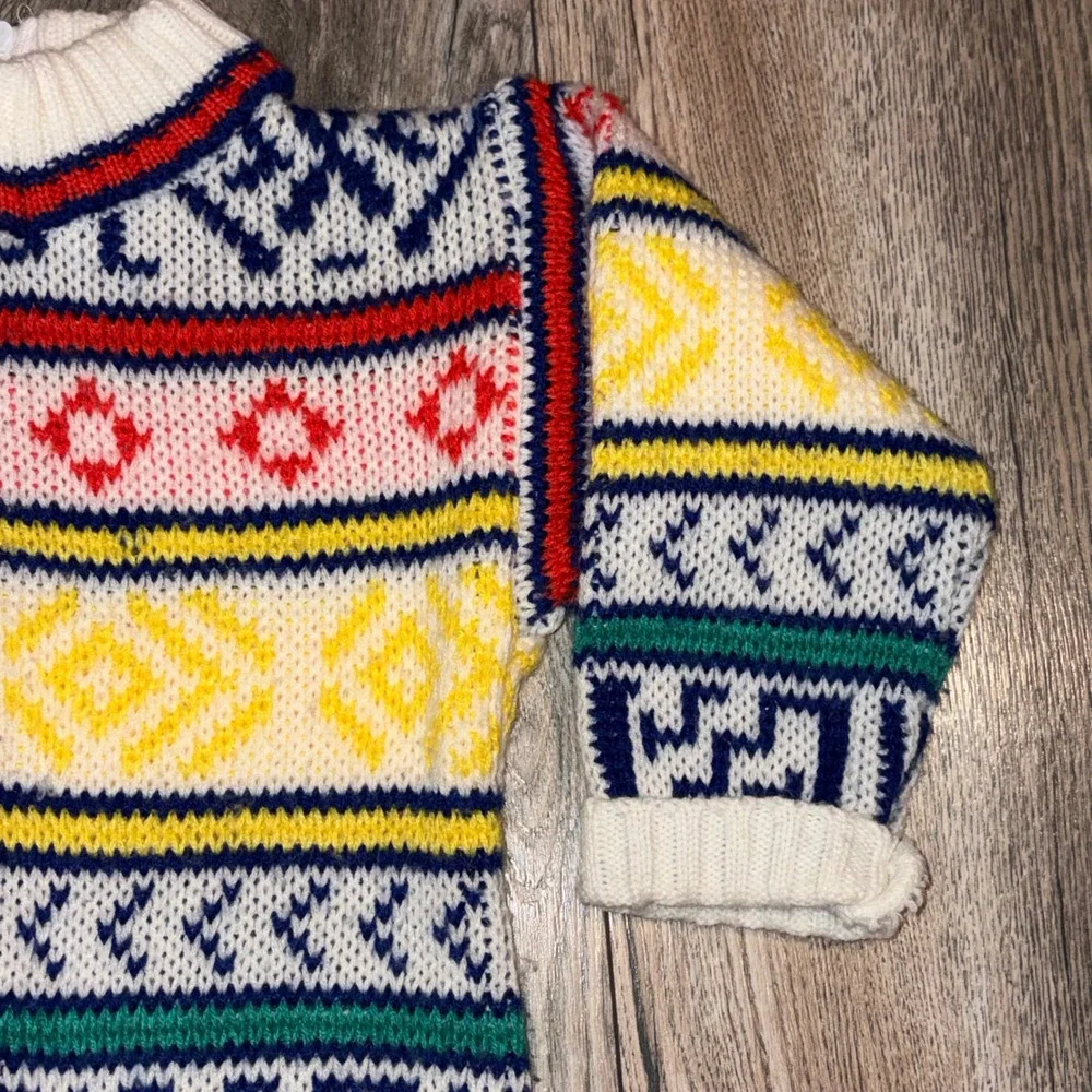 Vintage Toddler Fair Isle Geometric Knit Mock Neck Zip Back Sweater Multi-Color